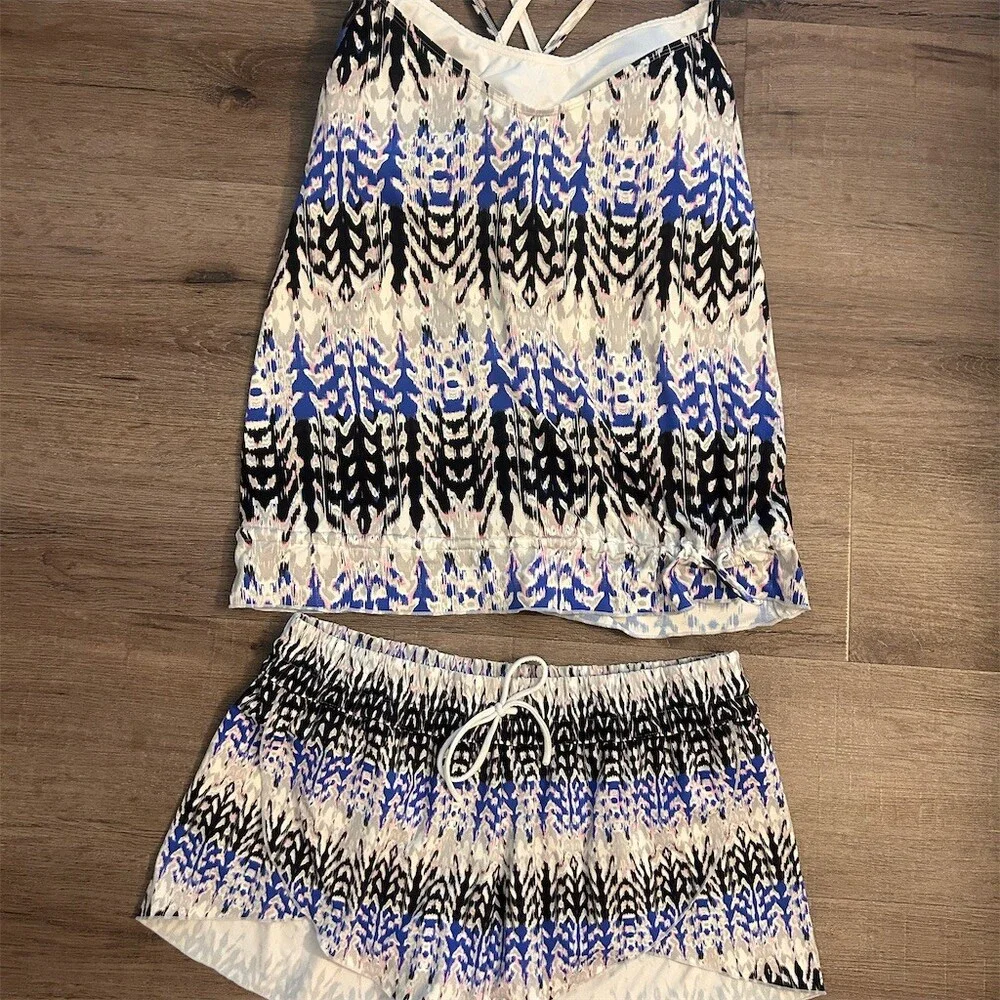 Athleta Kamala Tankini Swim Set Womens Size M Multicolor Ikat Tank & Swim Shorts